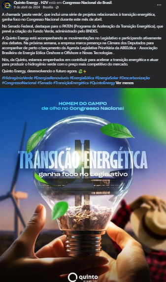 Publicação da Quinto Energy sobre transição energética no Congresso Nacional