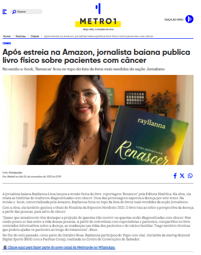 Reportagem do Metro1 sobre o lançamento do livro Renascer